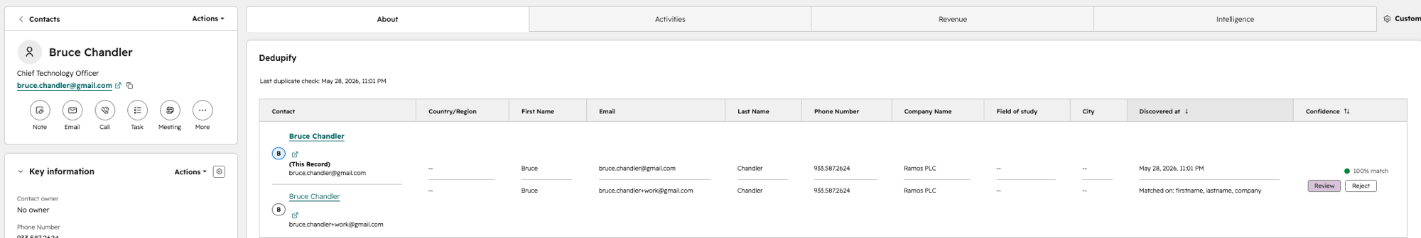 The Dedupify duplicates card embedded on a contact record
