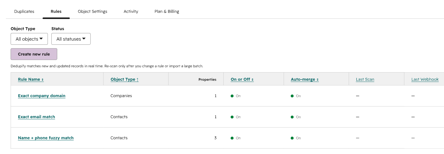 Dedupify matching rules configuration